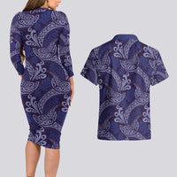 Deep Blue Monstera Couples Matching Long Sleeve Bodycon Dress and Hawaiian Shirt Polynesian Tribal Pattern - Polynesian Pride