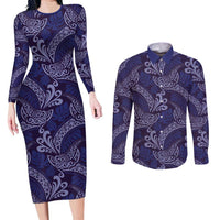 Deep Blue Monstera Couples Matching Long Sleeve Bodycon Dress and Long Sleeve Button Shirt Polynesian Tribal Pattern - Polynesian Pride