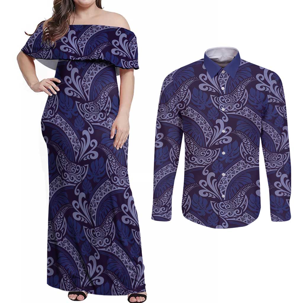 Deep Blue Monstera Couples Matching Off Shoulder Maxi Dress and Long Sleeve Button Shirt Polynesian Tribal Pattern - Polynesian Pride