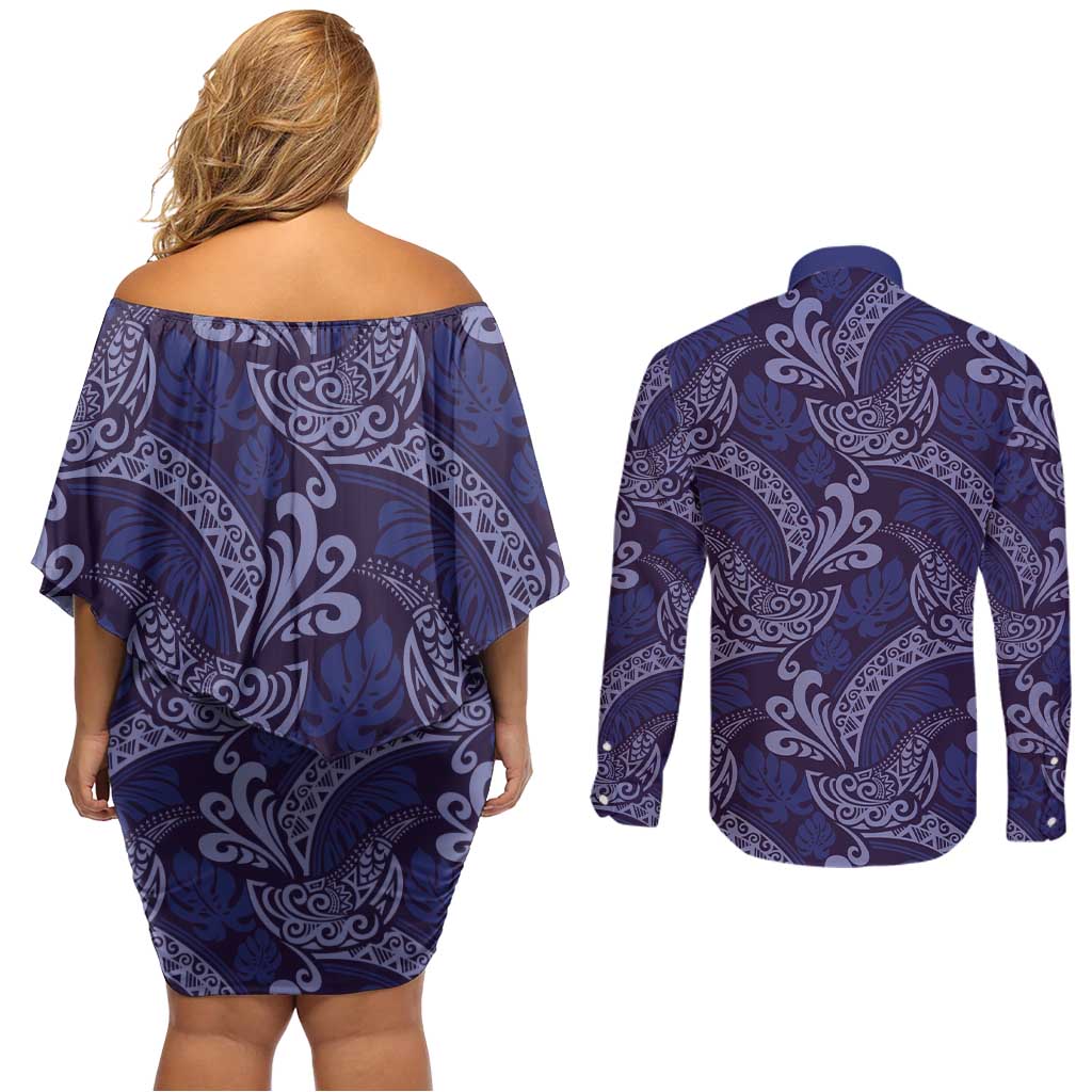 Deep Blue Monstera Couples Matching Off Shoulder Short Dress and Long Sleeve Button Shirt Polynesian Tribal Pattern - Polynesian Pride
