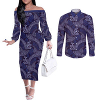 Deep Blue Monstera Couples Matching Off The Shoulder Long Sleeve Dress and Long Sleeve Button Shirt Polynesian Tribal Pattern - Polynesian Pride