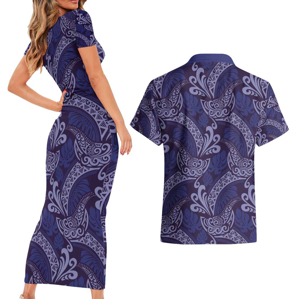 Deep Blue Monstera Couples Matching Short Sleeve Bodycon Dress and Hawaiian Shirt Polynesian Tribal Pattern - Polynesian Pride