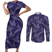 Deep Blue Monstera Couples Matching Short Sleeve Bodycon Dress and Long Sleeve Button Shirt Polynesian Tribal Pattern - Polynesian Pride