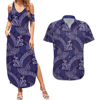 Deep Blue Monstera Couples Matching Summer Maxi Dress and Hawaiian Shirt Polynesian Tribal Pattern - Polynesian Pride