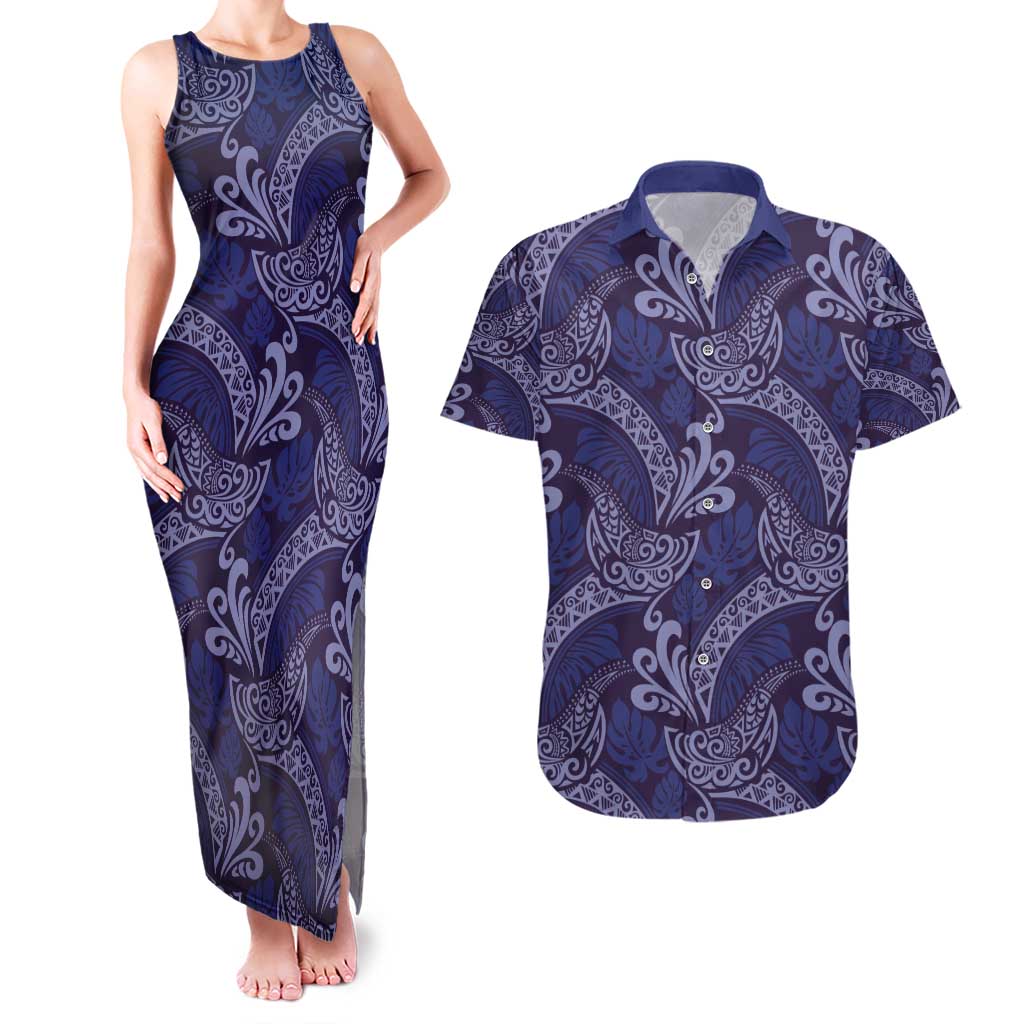 Deep Blue Monstera Couples Matching Tank Maxi Dress and Hawaiian Shirt Polynesian Tribal Pattern - Polynesian Pride