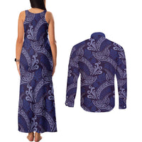 Deep Blue Monstera Couples Matching Tank Maxi Dress and Long Sleeve Button Shirt Polynesian Tribal Pattern - Polynesian Pride