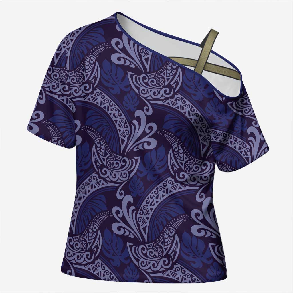 Deep Blue Monstera Cross Shoulder Shirt Polynesian Tribal Pattern - Polynesian Pride