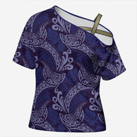 Deep Blue Monstera Cross Shoulder Shirt Polynesian Tribal Pattern - Polynesian Pride