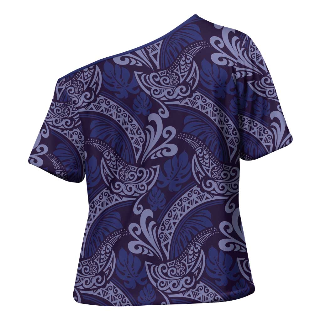 Deep Blue Monstera Cross Shoulder Shirt Polynesian Tribal Pattern - Polynesian Pride