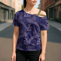 Deep Blue Monstera Cross Shoulder Shirt Polynesian Tribal Pattern - Polynesian Pride