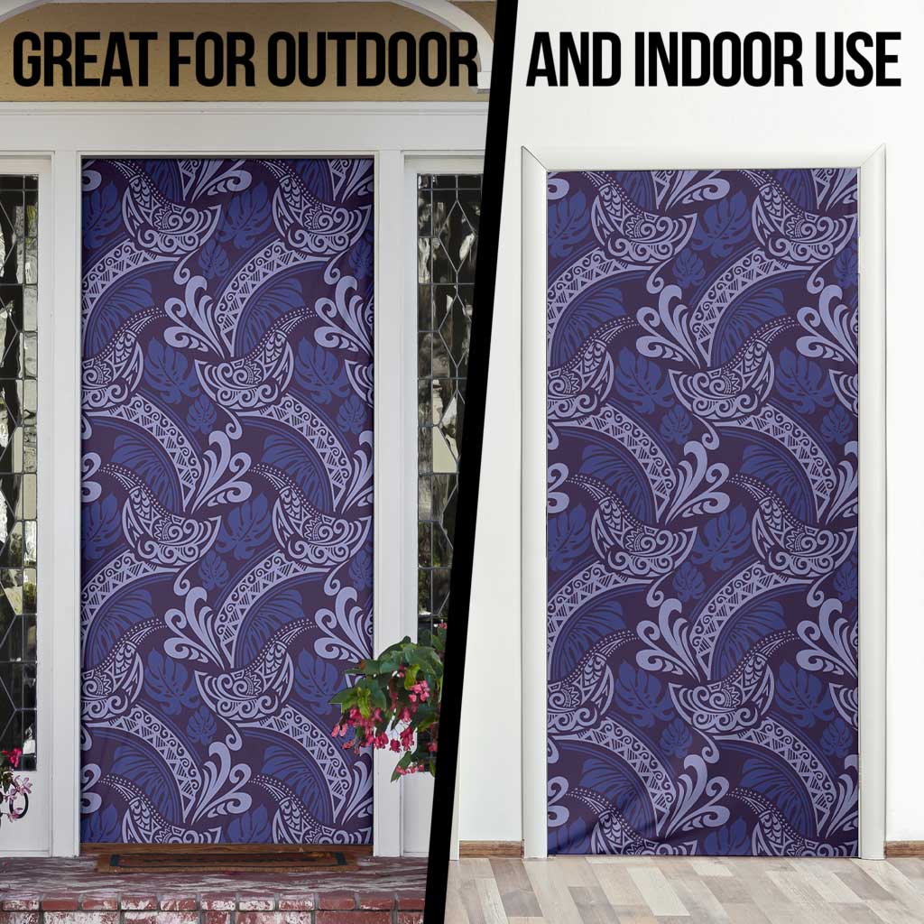 Deep Blue Monstera Door Cover Polynesian Tribal Pattern - Polynesian Pride