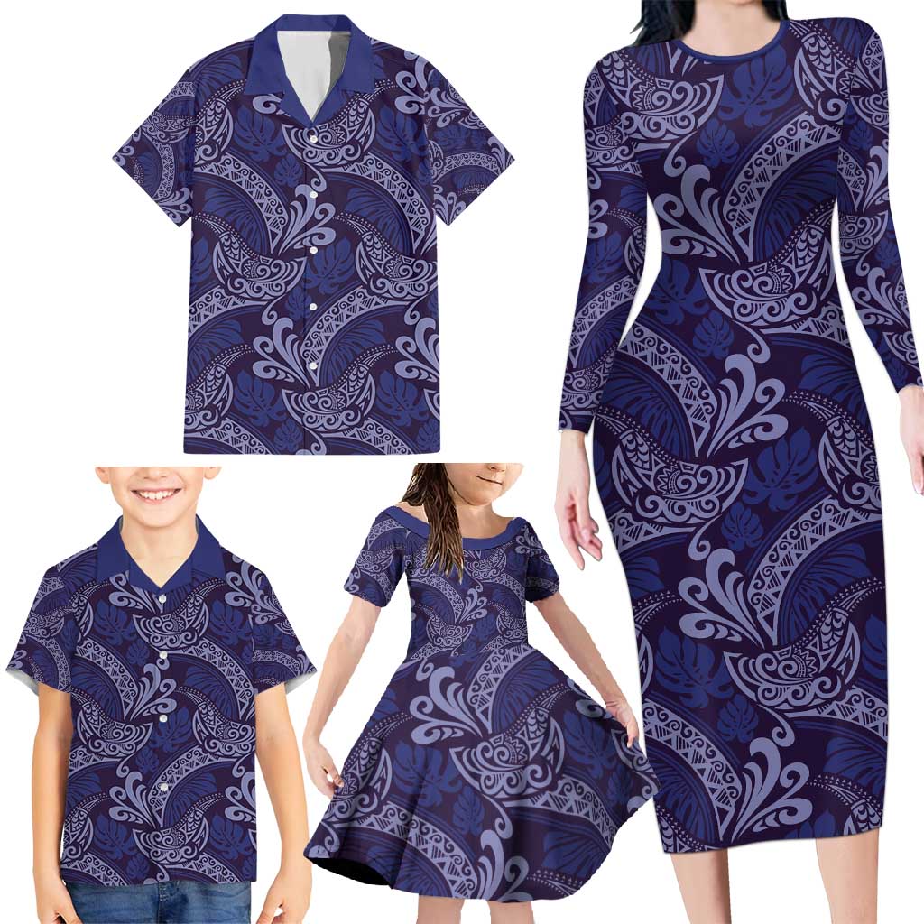 Deep Blue Monstera Family Matching Long Sleeve Bodycon Dress and Hawaiian Shirt Polynesian Tribal Pattern - Polynesian Pride
