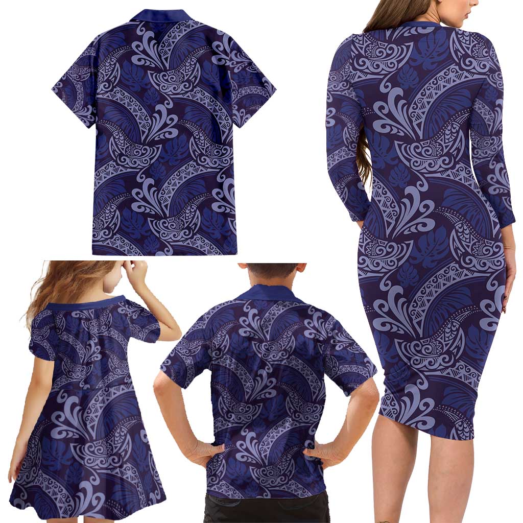 Deep Blue Monstera Family Matching Long Sleeve Bodycon Dress and Hawaiian Shirt Polynesian Tribal Pattern - Polynesian Pride