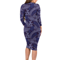 Deep Blue Monstera Family Matching Long Sleeve Bodycon Dress and Hawaiian Shirt Polynesian Tribal Pattern - Polynesian Pride