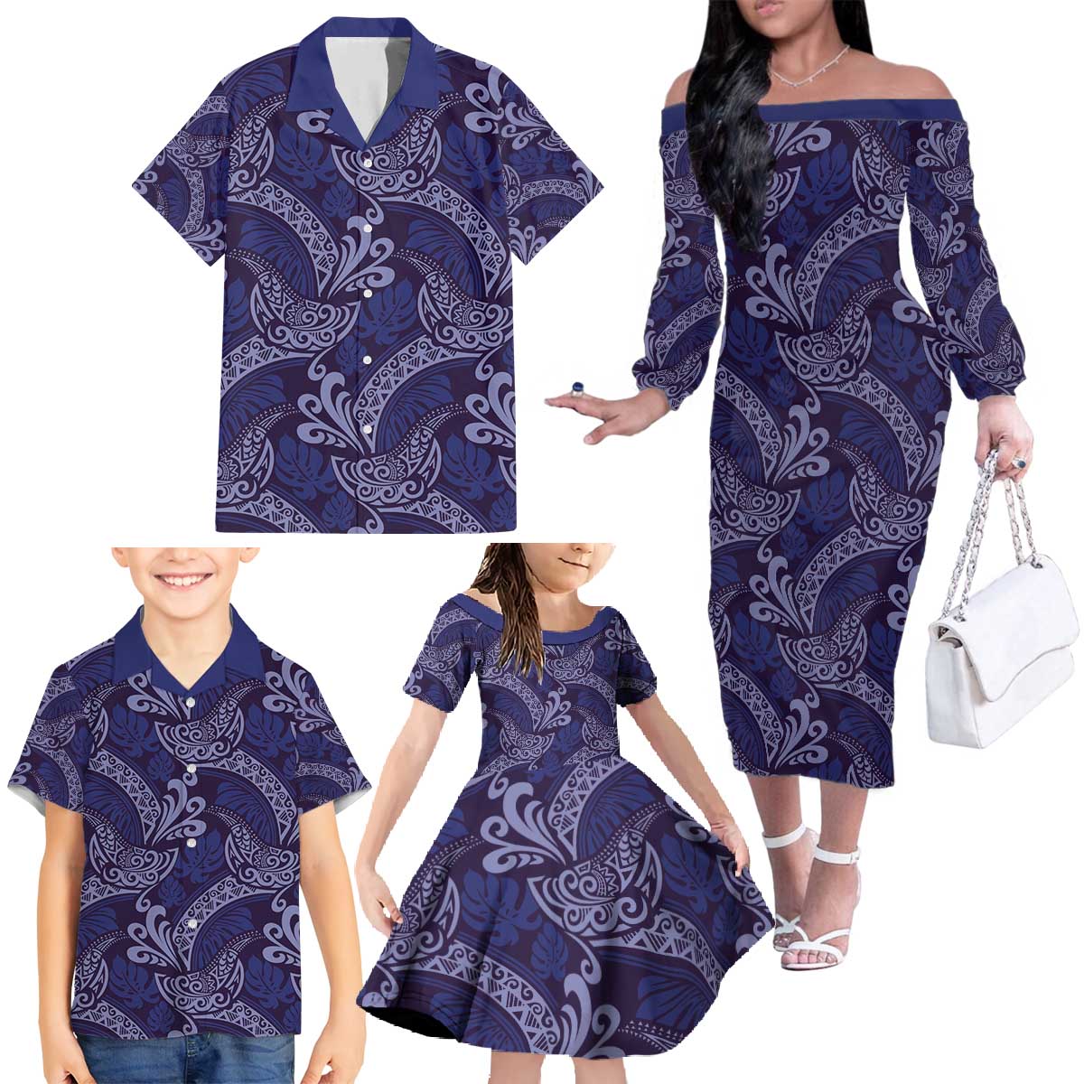 Deep Blue Monstera Family Matching Off The Shoulder Long Sleeve Dress and Hawaiian Shirt Polynesian Tribal Pattern - Polynesian Pride