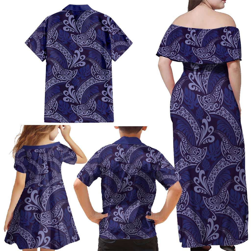 Deep Blue Monstera Family Matching Off Shoulder Maxi Dress and Hawaiian Shirt Polynesian Tribal Pattern - Polynesian Pride