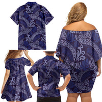 Deep Blue Monstera Family Matching Off Shoulder Short Dress and Hawaiian Shirt Polynesian Tribal Pattern - Polynesian Pride