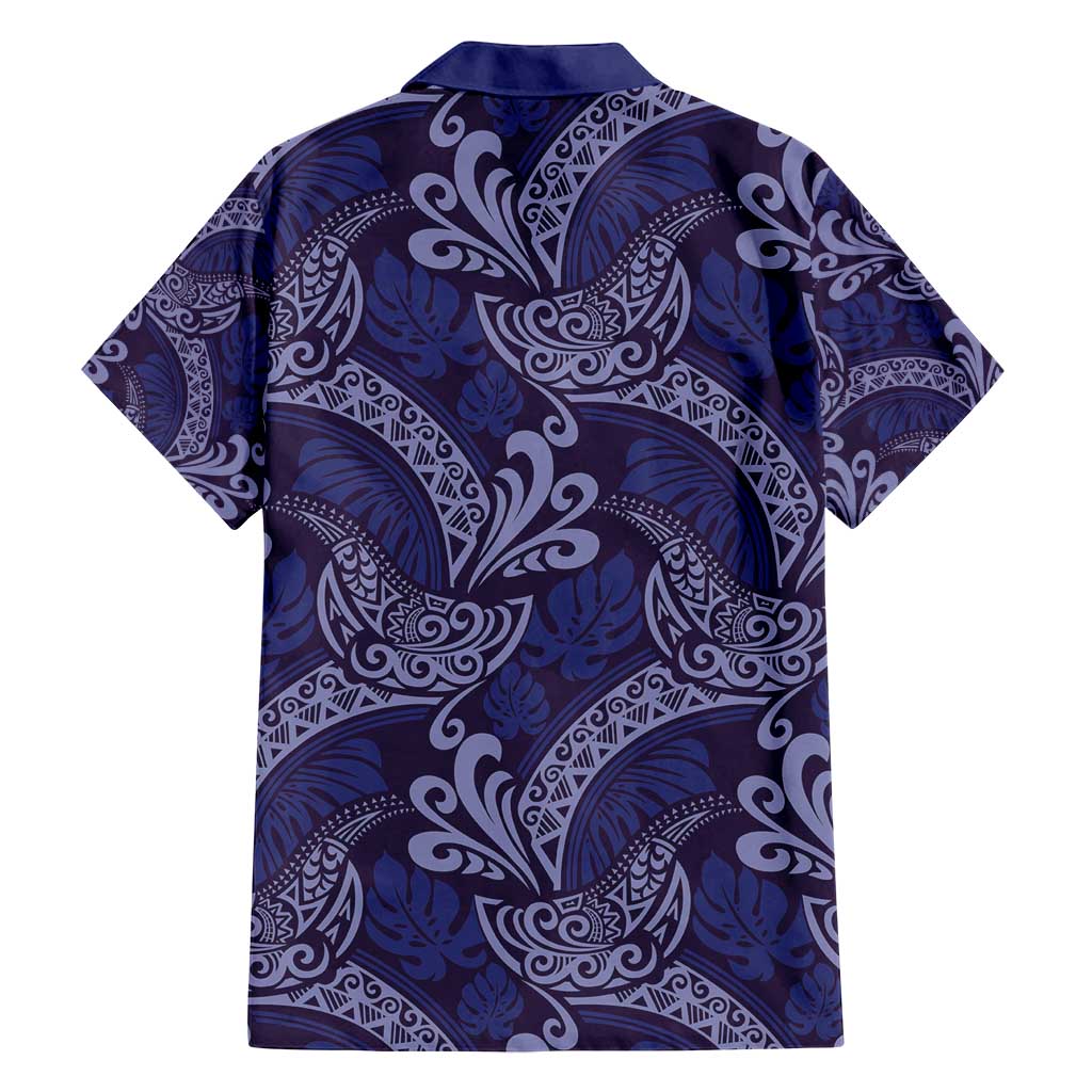 Deep Blue Monstera Family Matching Off Shoulder Short Dress and Hawaiian Shirt Polynesian Tribal Pattern - Polynesian Pride