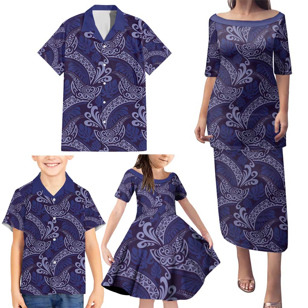 Deep Blue Monstera Family Matching Puletasi and Hawaiian Shirt Polynesian Tribal Pattern - Polynesian Pride
