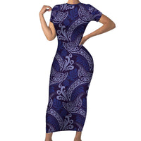 Deep Blue Monstera Family Matching Short Sleeve Bodycon Dress and Hawaiian Shirt Polynesian Tribal Pattern - Polynesian Pride