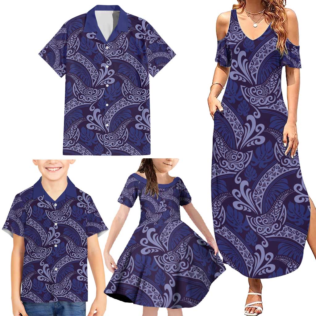 Deep Blue Monstera Family Matching Summer Maxi Dress and Hawaiian Shirt Polynesian Tribal Pattern - Polynesian Pride