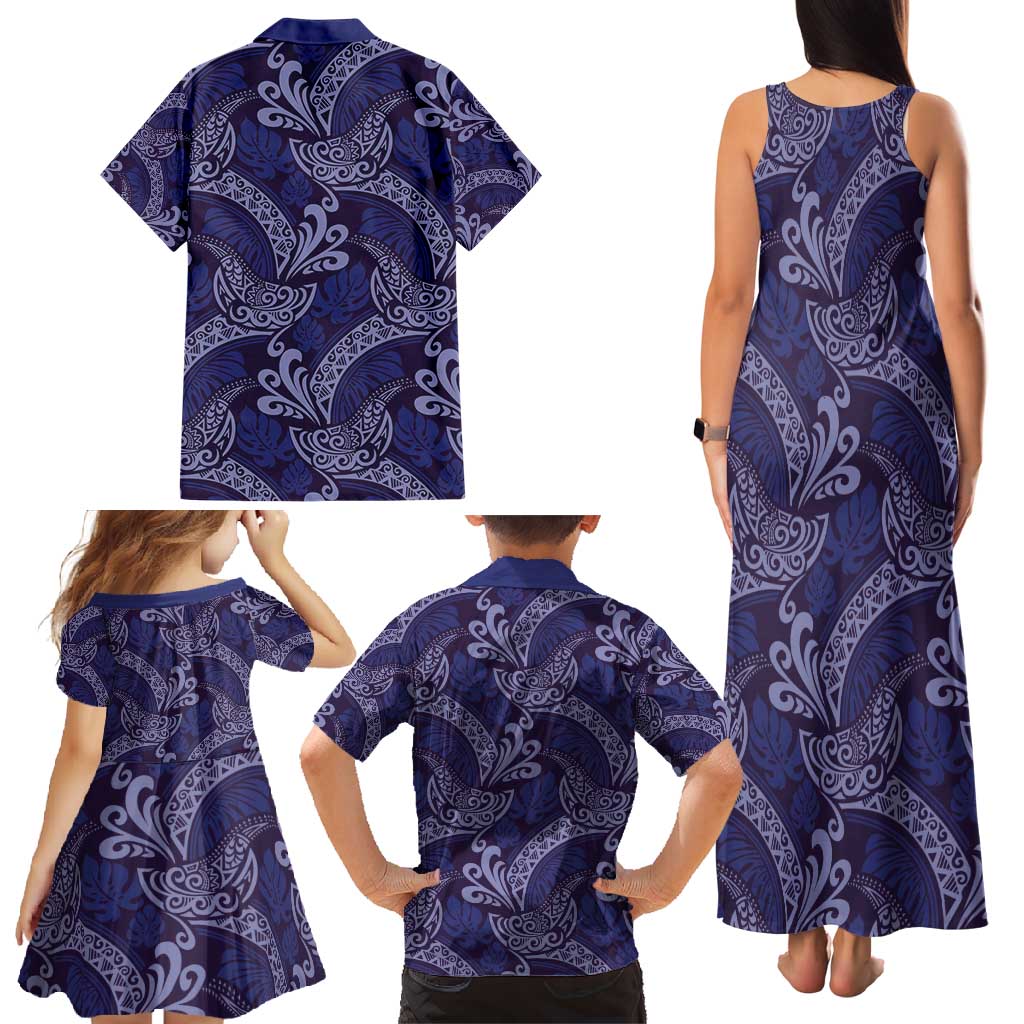 Deep Blue Monstera Family Matching Tank Maxi Dress and Hawaiian Shirt Polynesian Tribal Pattern - Polynesian Pride