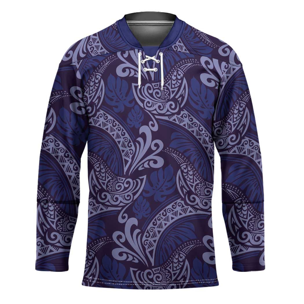 Deep Blue Monstera Hockey Jersey Polynesian Tribal Pattern - Polynesian Pride