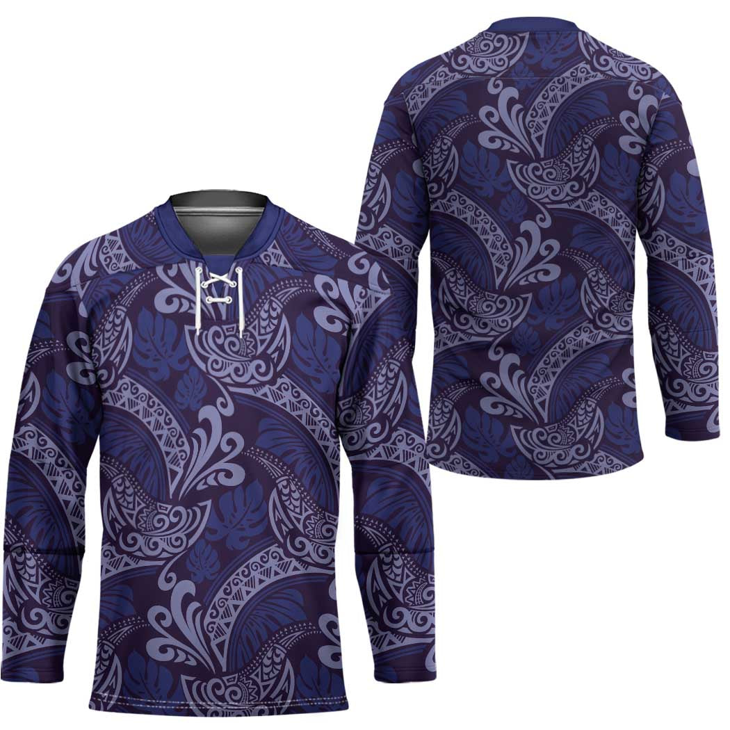 Deep Blue Monstera Hockey Jersey Polynesian Tribal Pattern - Polynesian Pride