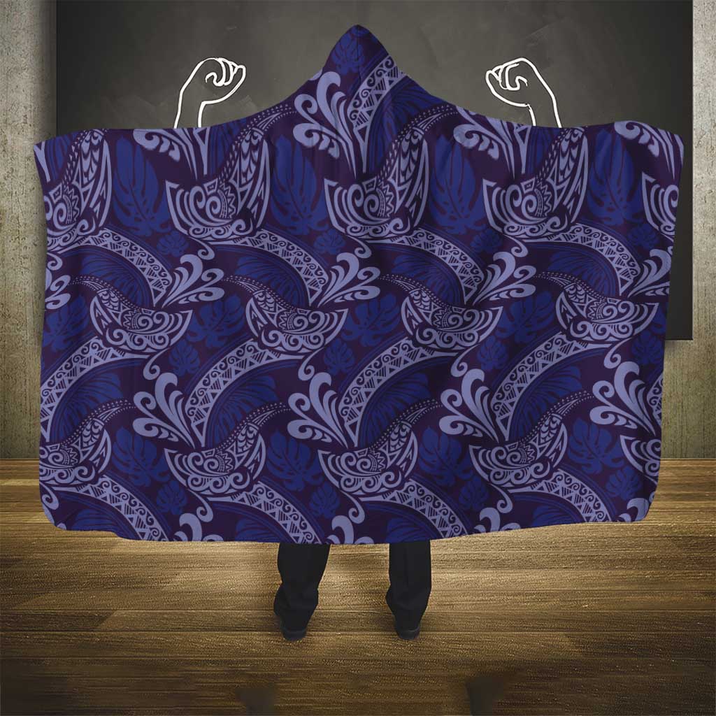 Deep Blue Monstera Hooded Blanket Polynesian Tribal Pattern - Polynesian Pride