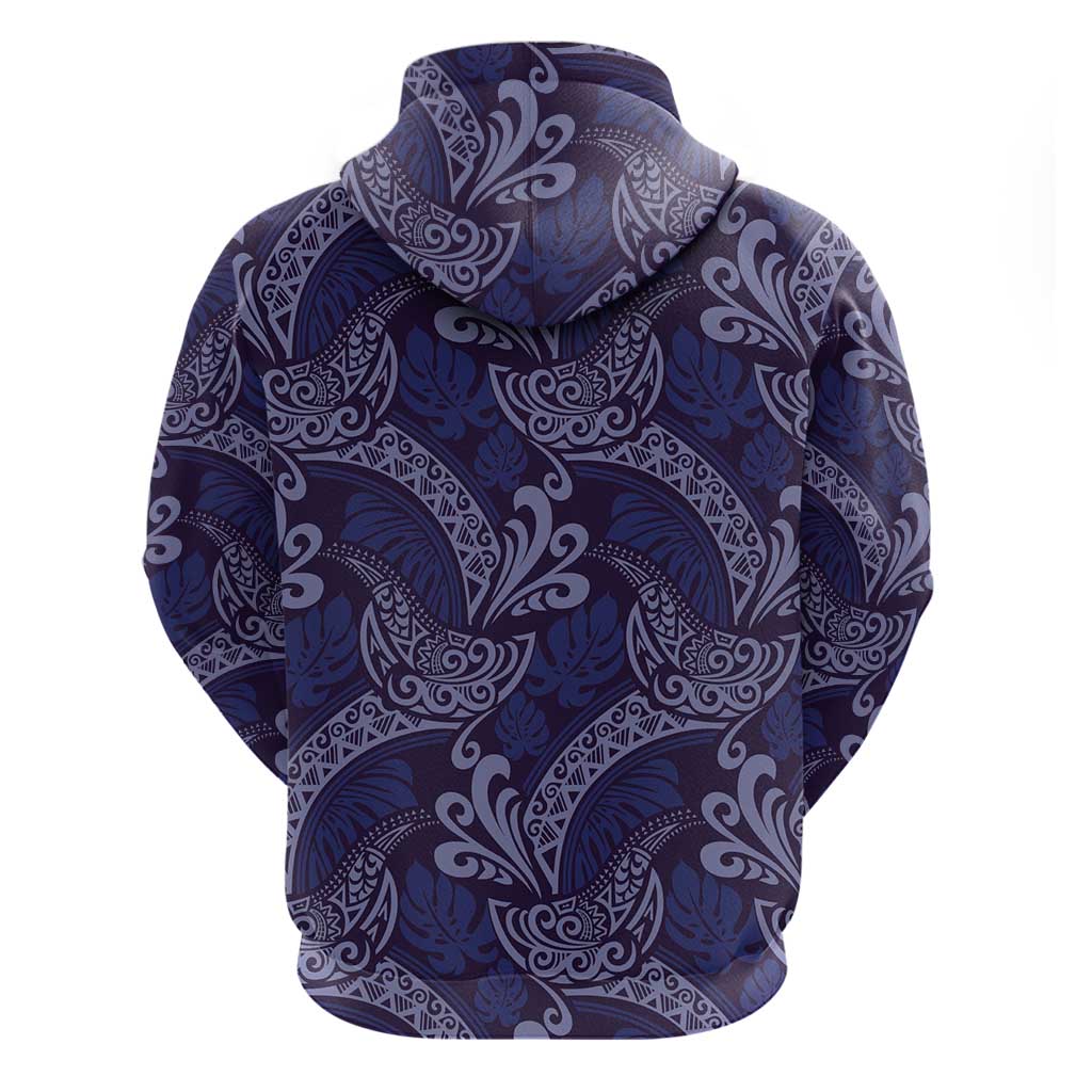 Deep Blue Monstera Hoodie Polynesian Tribal Pattern - Polynesian Pride