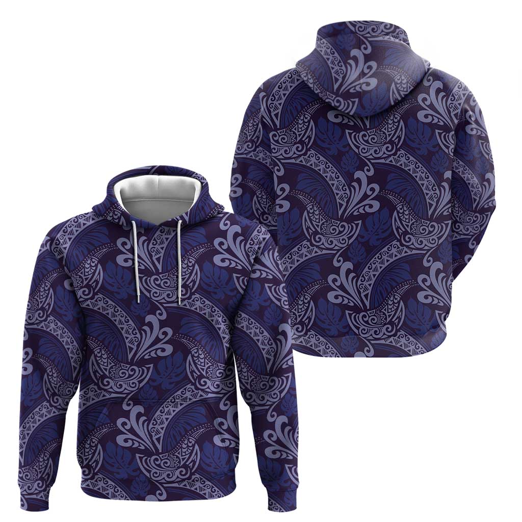 Deep Blue Monstera Hoodie Polynesian Tribal Pattern - Polynesian Pride