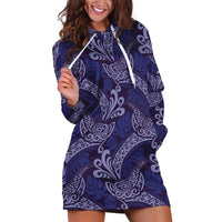 Deep Blue Monstera Hoodie Dress Polynesian Tribal Pattern - Polynesian Pride