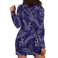 Deep Blue Monstera Hoodie Dress Polynesian Tribal Pattern - Polynesian Pride