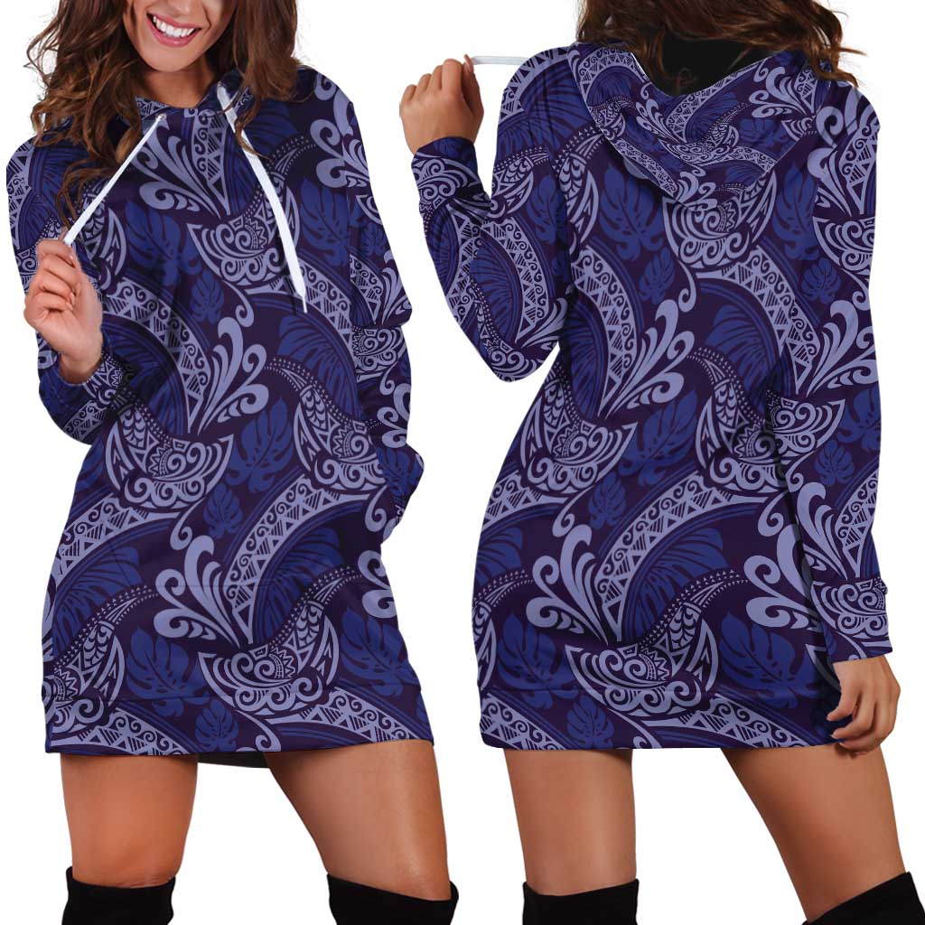 Deep Blue Monstera Hoodie Dress Polynesian Tribal Pattern - Polynesian Pride