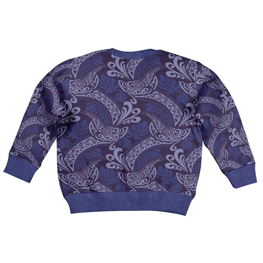 Deep Blue Monstera Kid Ugly Christmas Sweater Polynesian Tribal Pattern - Polynesian Pride