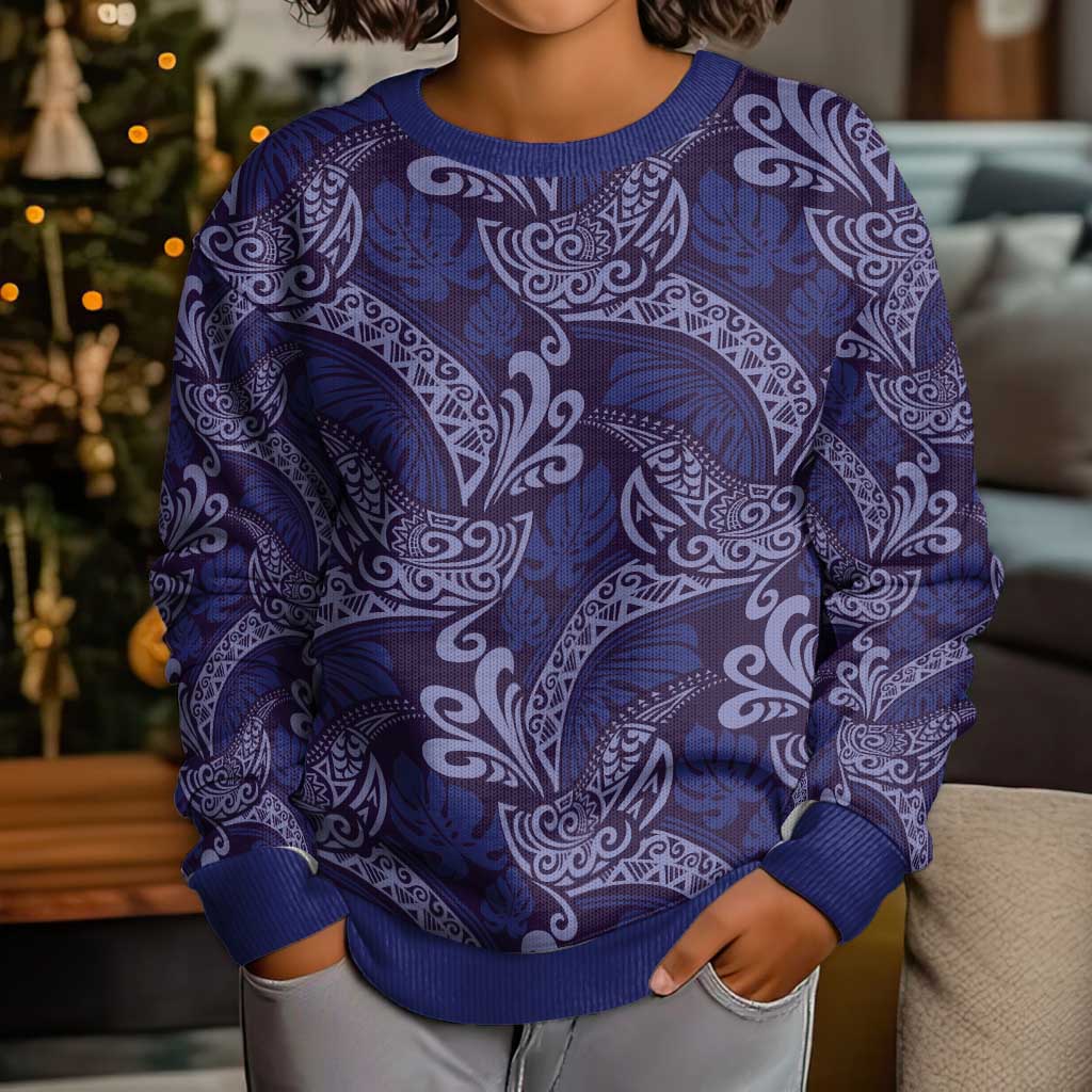 Deep Blue Monstera Kid Ugly Christmas Sweater Polynesian Tribal Pattern - Polynesian Pride