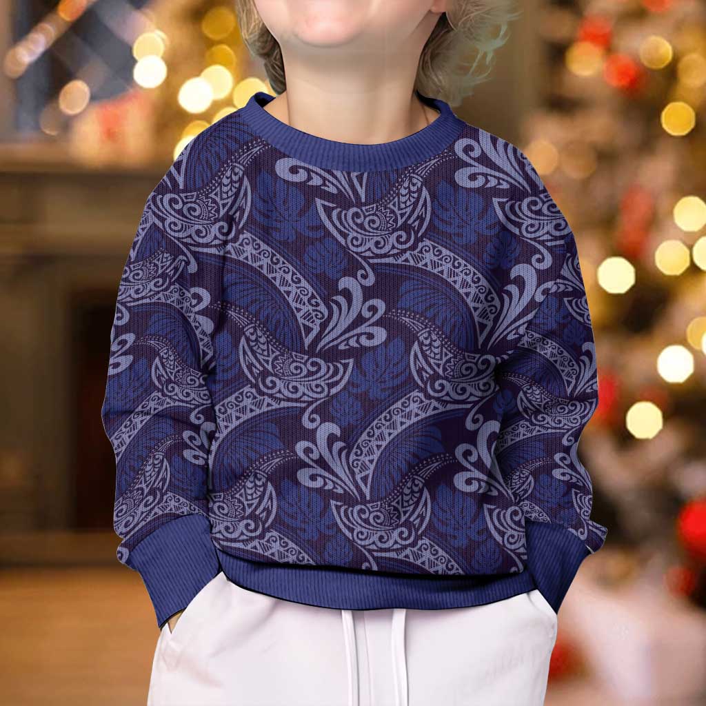 Deep Blue Monstera Kid Ugly Christmas Sweater Polynesian Tribal Pattern - Polynesian Pride