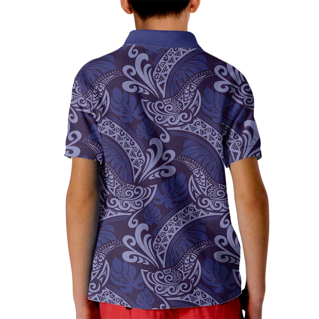 Deep Blue Monstera Kid Polo Shirt Polynesian Tribal Pattern - Polynesian Pride