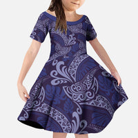 Deep Blue Monstera Kid Short Sleeve Dress Polynesian Tribal Pattern - Polynesian Pride