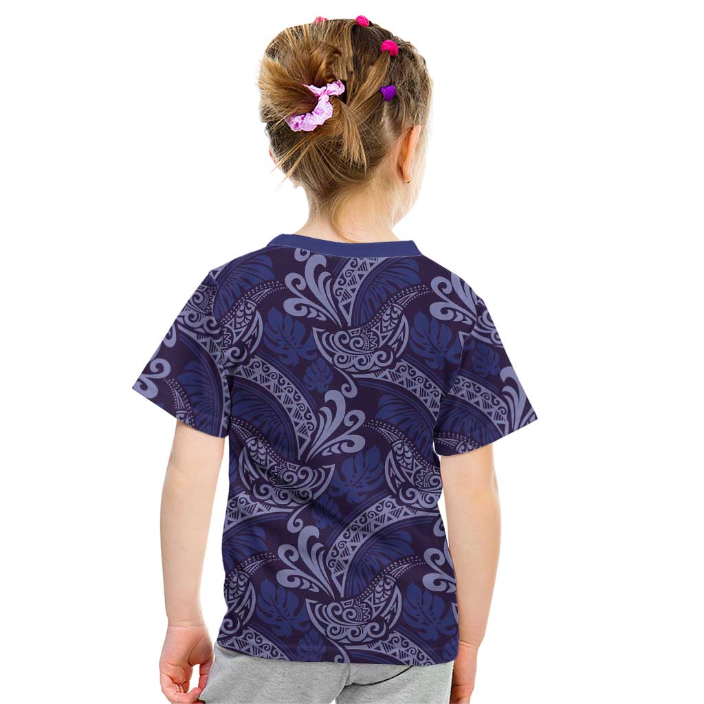 Deep Blue Monstera Kid T Shirt Polynesian Tribal Pattern - Polynesian Pride
