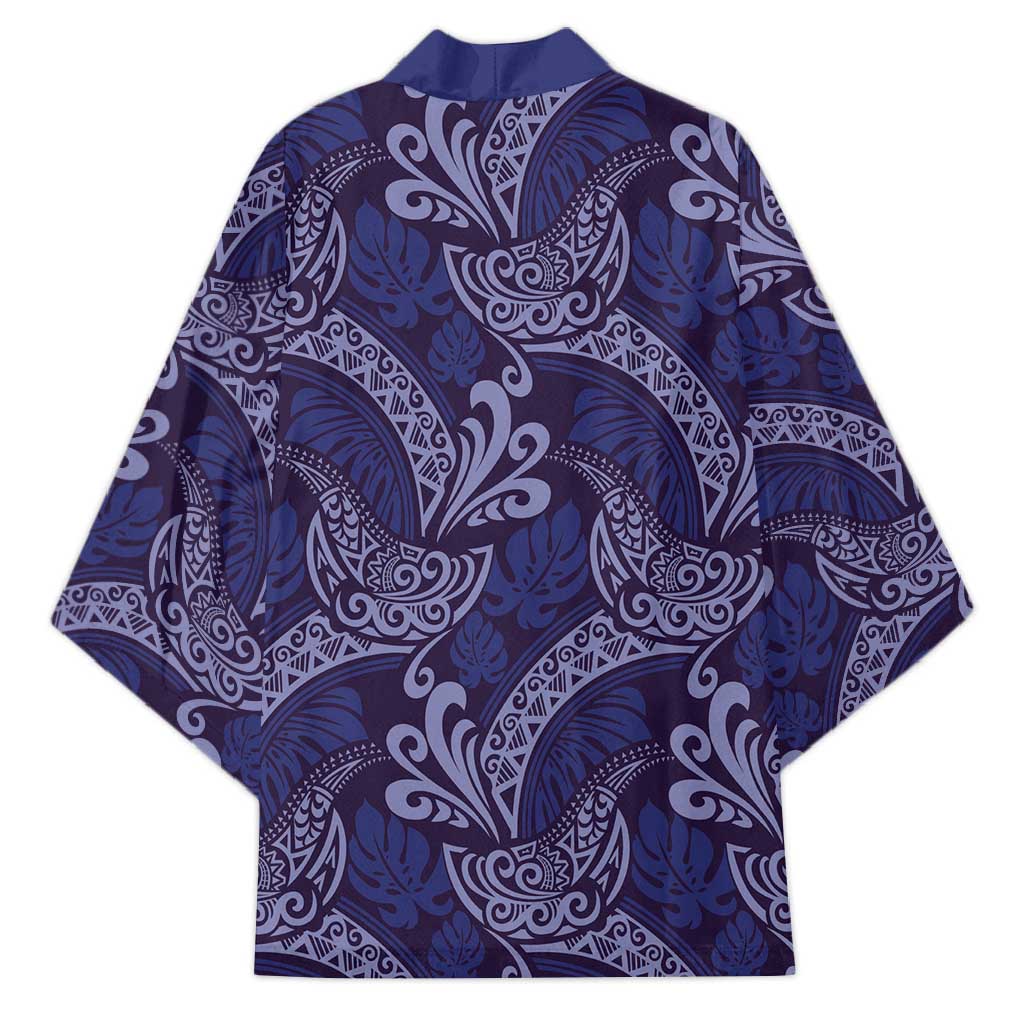 Deep Blue Monstera Kimono Polynesian Tribal Pattern - Polynesian Pride