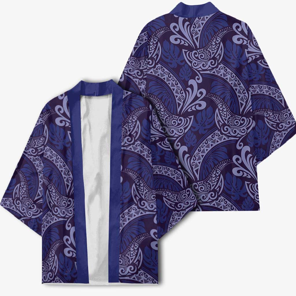Deep Blue Monstera Kimono Polynesian Tribal Pattern - Polynesian Pride