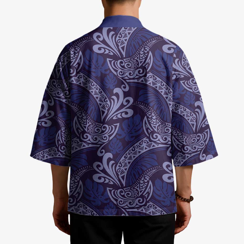 Deep Blue Monstera Kimono Polynesian Tribal Pattern - Polynesian Pride
