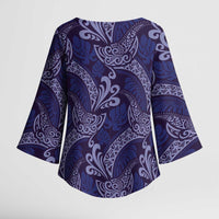 Deep Blue Monstera Kimono Sleeve Blouse Polynesian Tribal Pattern - Polynesian Pride