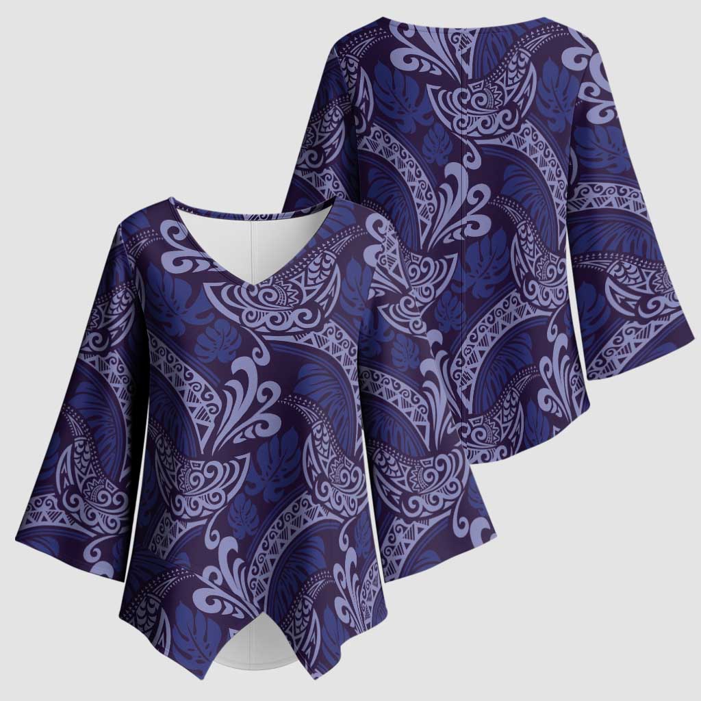 Deep Blue Monstera Kimono Sleeve Blouse Polynesian Tribal Pattern - Polynesian Pride