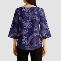Deep Blue Monstera Kimono Sleeve Blouse Polynesian Tribal Pattern - Polynesian Pride
