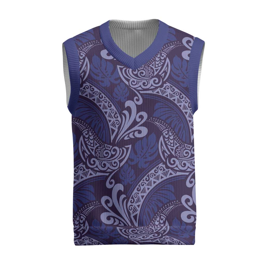 Deep Blue Monstera Christmas Knitted V-Neck Vest Polynesian Tribal Pattern - Polynesian Pride