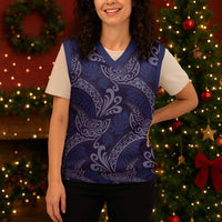 Deep Blue Monstera Christmas Knitted V-Neck Vest Polynesian Tribal Pattern - Polynesian Pride