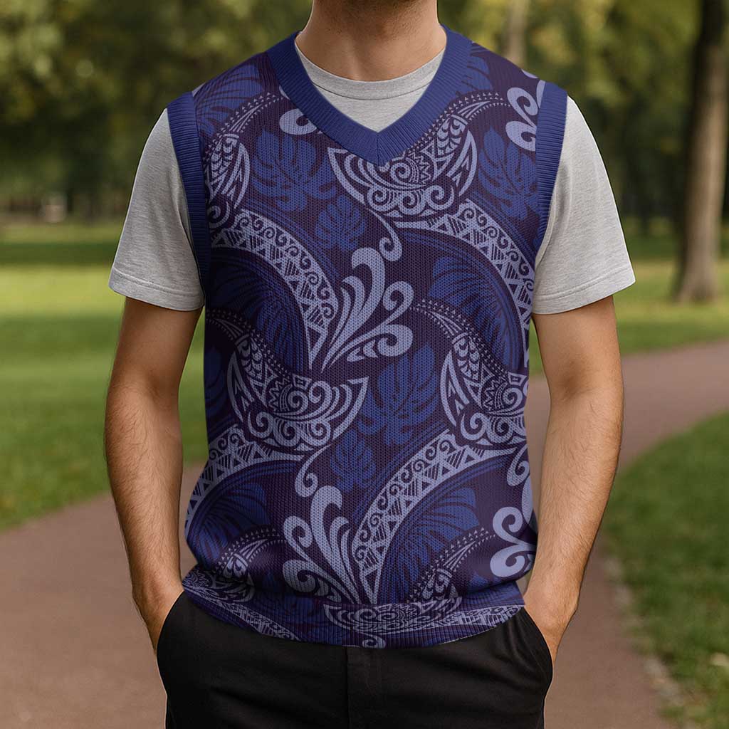 Deep Blue Monstera Christmas Knitted V-Neck Vest Polynesian Tribal Pattern - Polynesian Pride
