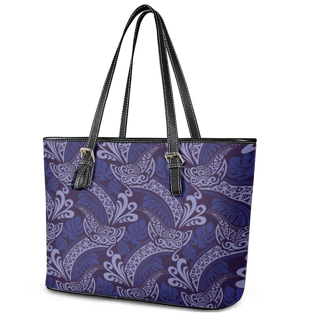 Deep Blue Monstera Leather Tote Bag Polynesian Tribal Pattern - Polynesian Pride